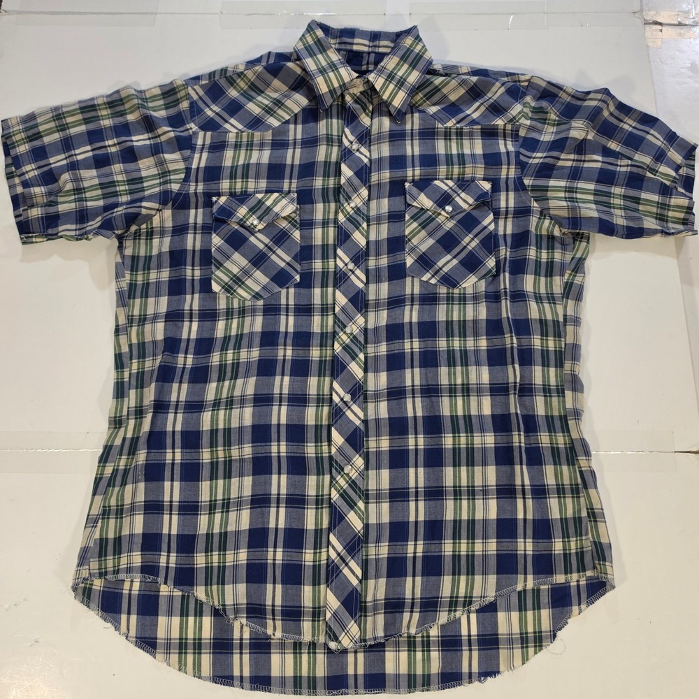 Wrangler Cowboy Cut Western Shirt Mens 16.5 XL Blue Plaid Short Sleeve Snaps